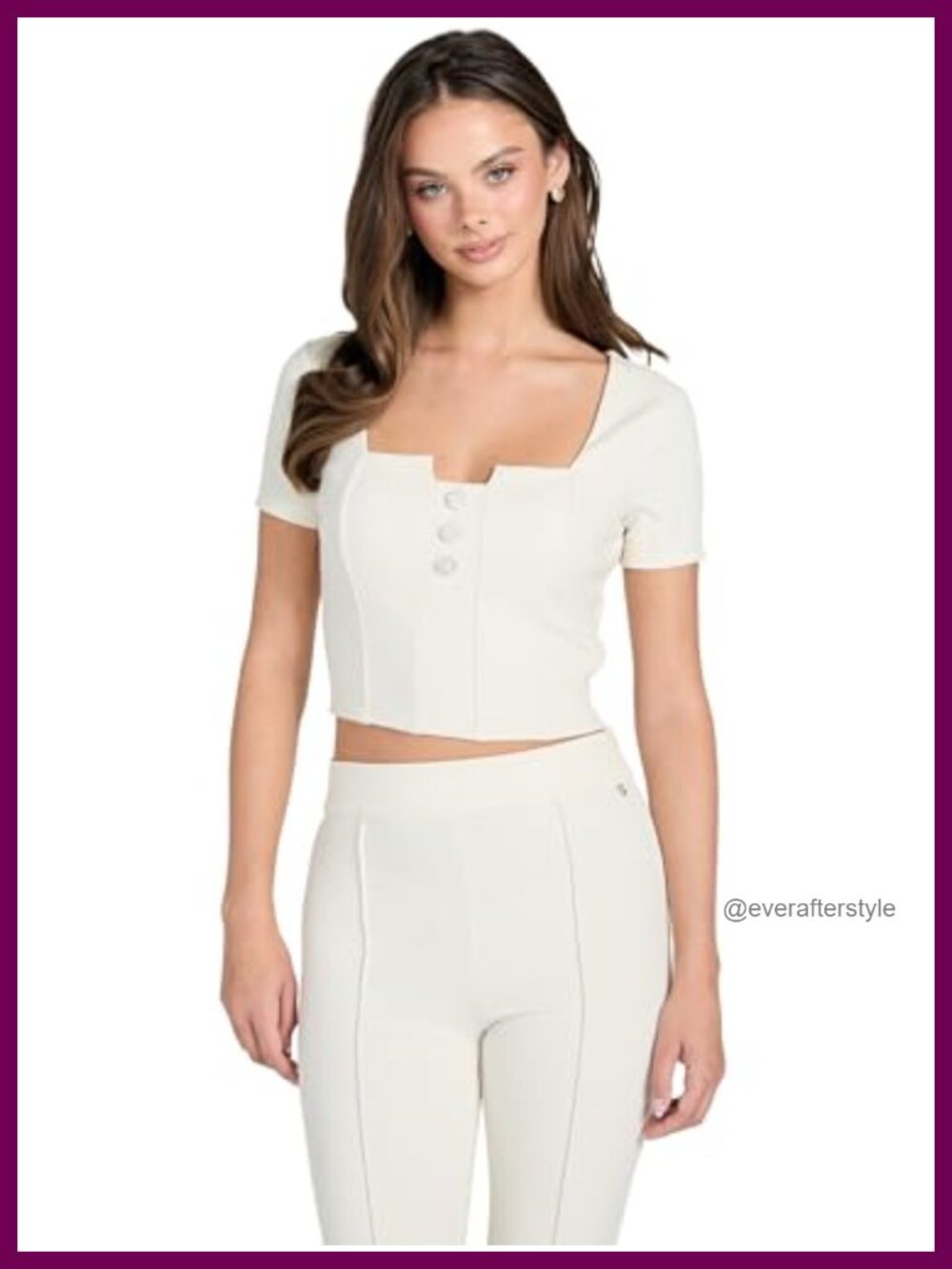 Fitted Square Neck Short Sleeve Top with Pearl Buttons